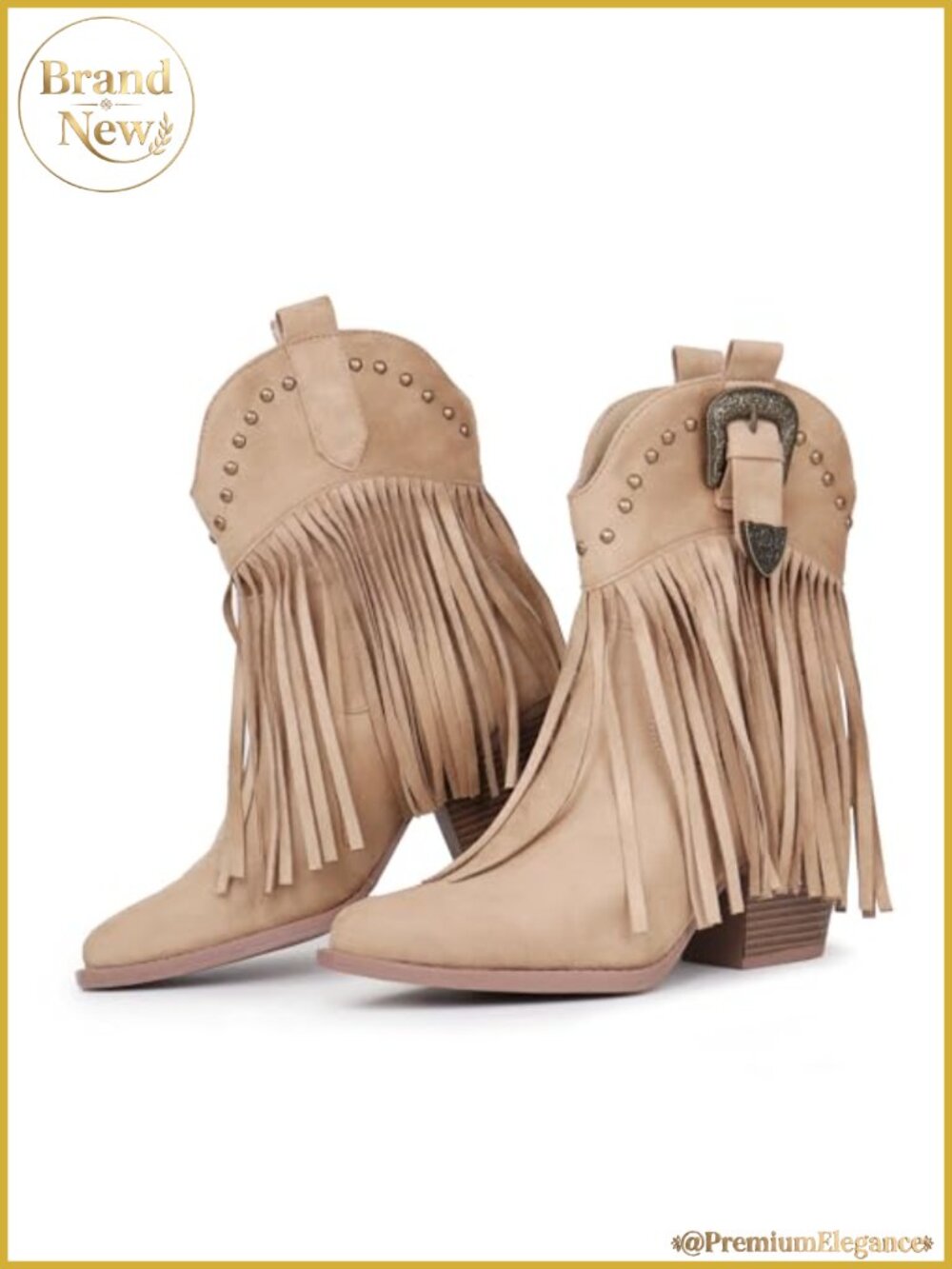 Suede Studded Fringe Snip Toe Pull On Western Ankle Boots